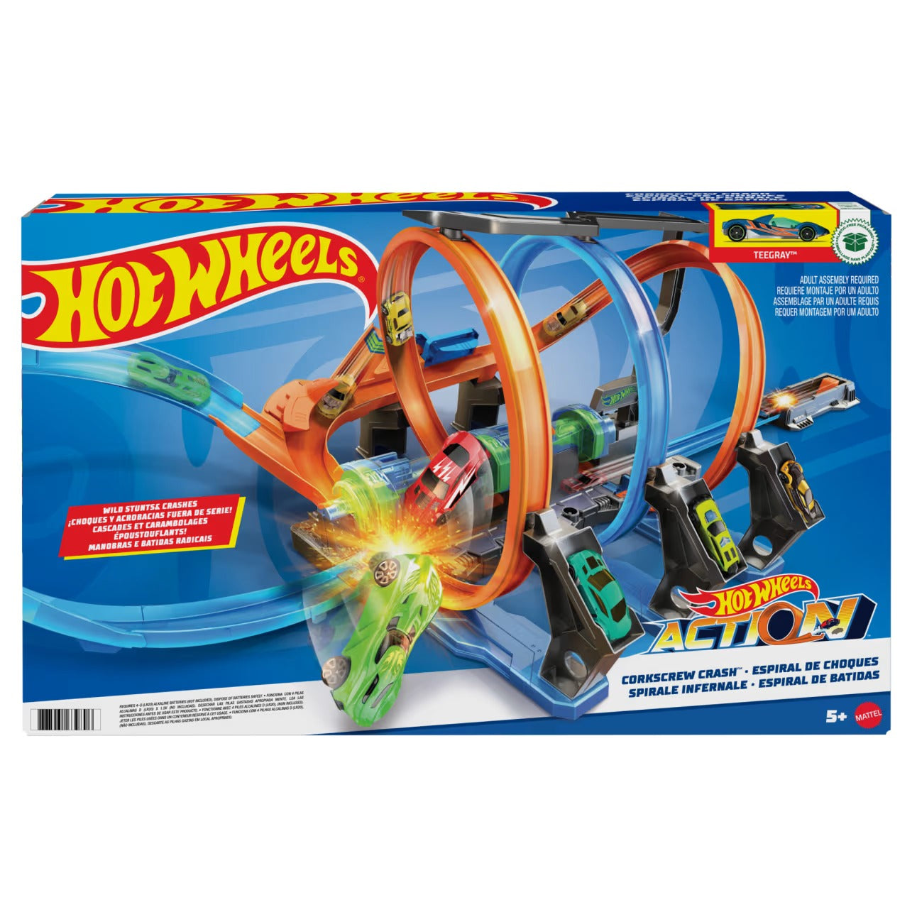 Hot Wheels Track Set With 1:64 Scale Toy Car, Motorized Track With 3 Corkscrew Loops